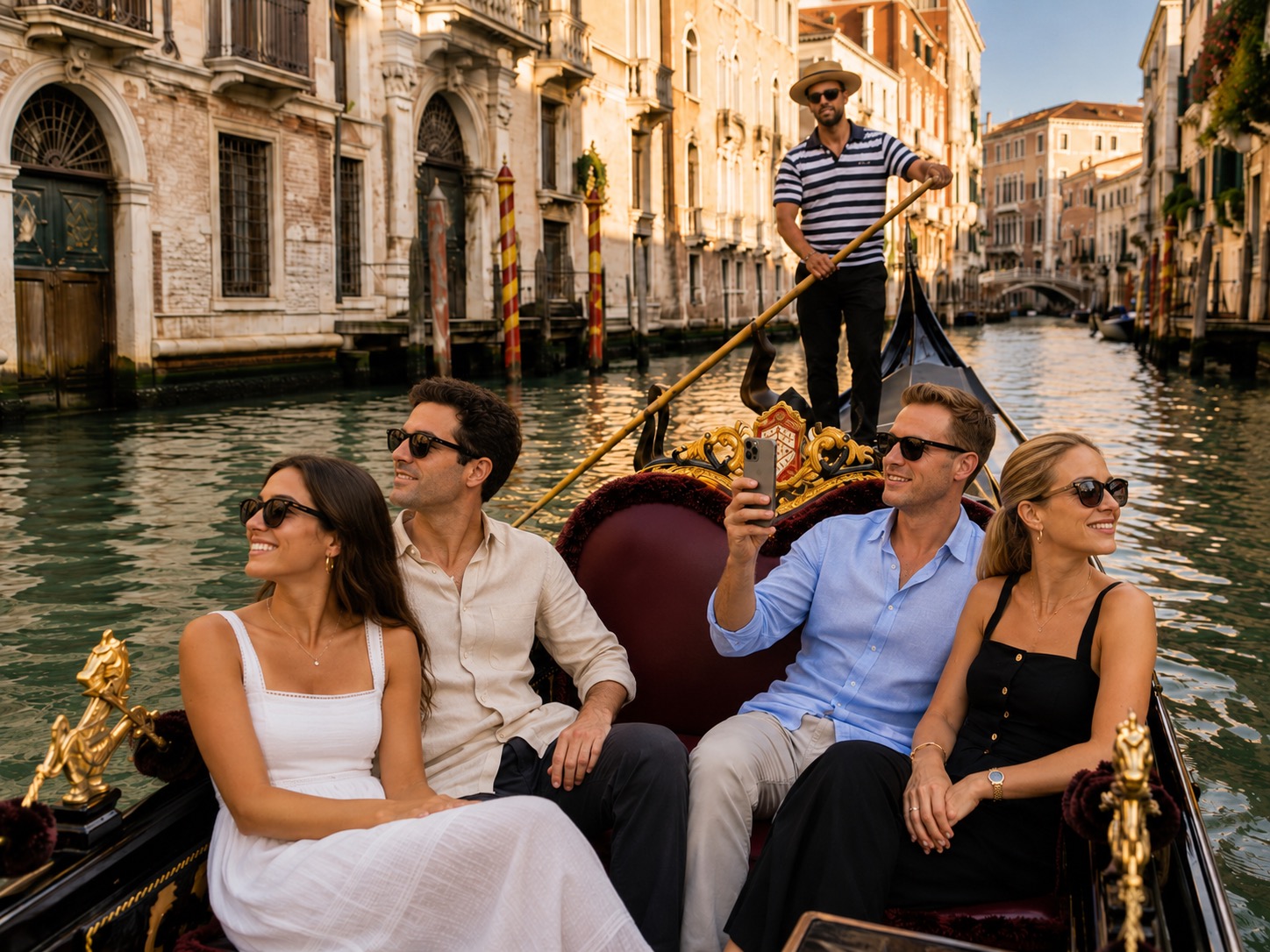 A Venetian gondola with a gondolier and two couples enjoying the canal